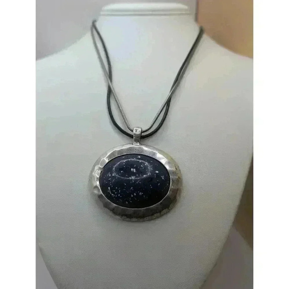 Chicos Silvertone Blue Pendant Patina Necklace Dual Chain - Picture 3 of 6